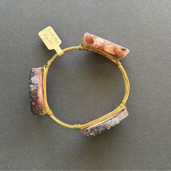 Gold Wire Wrapped Pink & Black Agate Bangle Bracelet | 62g - Picture 8 of 8